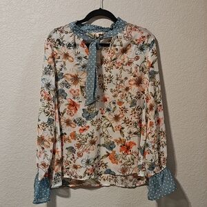 Mystree Floral Blouse with Blue Polka Dot Accents